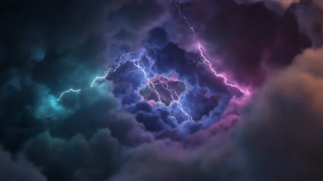 A dramatic depiction of a storm with lightning piercing through dense, dark clouds
