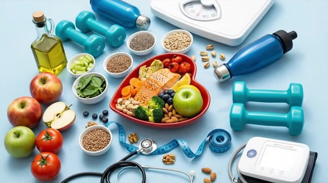 Healthy Living & Wellness Concept: Nutritious Food in Heart Bowl, Fitness Equipment, and Health Monitoring Tools for a Balanced Lifestyle on Blue