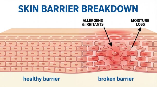 Skin barrier breakdown damaged skin cells moisture loss allergens irritants unhealthy skin inflammation redness sensitive dermatology epidermis problem skin