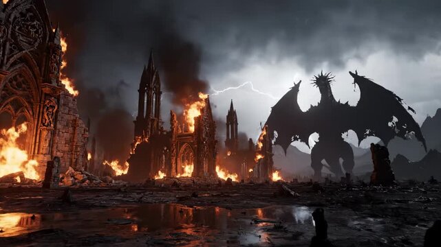 A fantastical, apocalyptic scene features a burning city and a dragon
