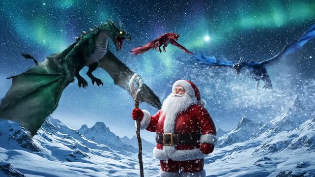 A fantastical Christmas scene shows a jovial, white-bearded figure with three mythical winged beasts under a starry, Aurora sky. The snowy mountains