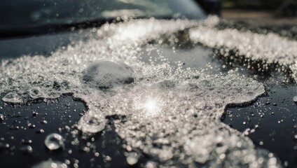 Close-up shot of a vehicle's hood, covered in suds and bubbles reflecting light