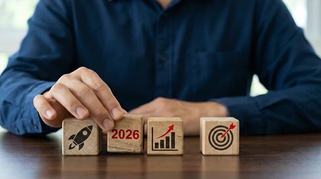 Man's Hand Arranges Wooden Blocks with 2026, Rocket, Growth Chart, and Target Icons, Symbolizing Business Goals, Strategic Planning, and Future Suc...