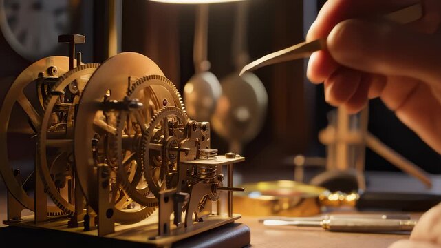 Clockmaker Assembling Intricate Clock Gears With Precision Tweezers