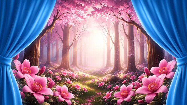 A fantastical, painted forest scene, framed by blue curtains and abundant pink flowers. A glowing path invites