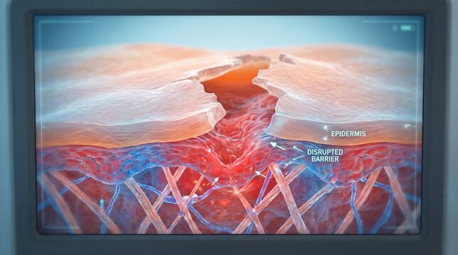 Epidermis disrupted barrier damaged skin skin surface indentation problem skin close up medical illustration unhealthy inflammation texture cross section biology. Skin surface indentation with