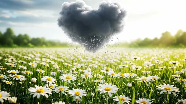 A field of daisies blossoms beneath a heart-shaped cloud showering droplets of rain, trees are visible in the background, sunlight filtering through