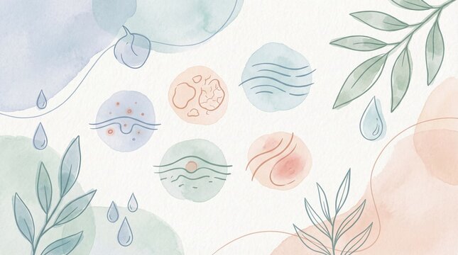 Watercolor illustration of skin surface indentation, damaged cells, hydration, dryness, and healthy skin with abstract leaves and water drops, conveying gentle and soothing feeling