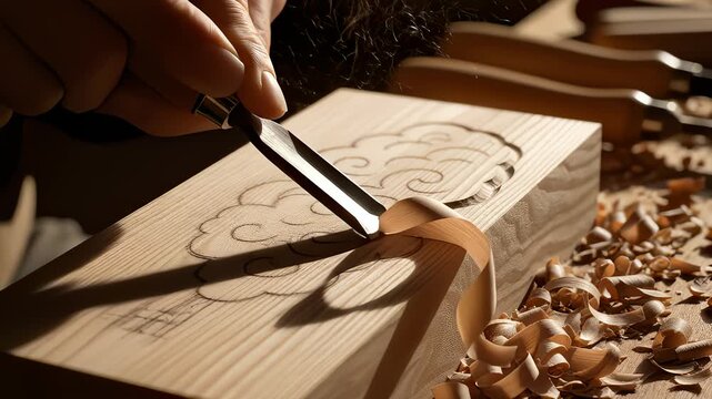 Artisan Carving Wood Block With Chisel Tool in Studio Setting