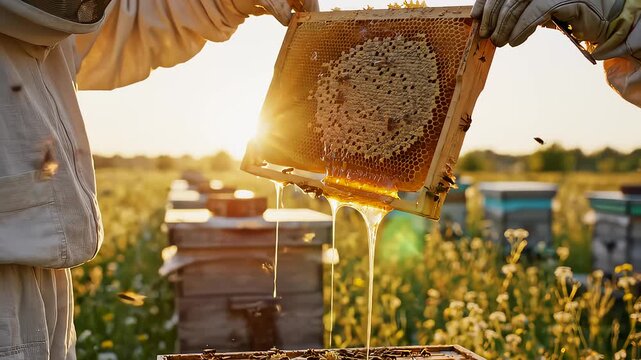 Beekeepers Inspecting Honeycomb Frame Covered With Bees and Golden Honey