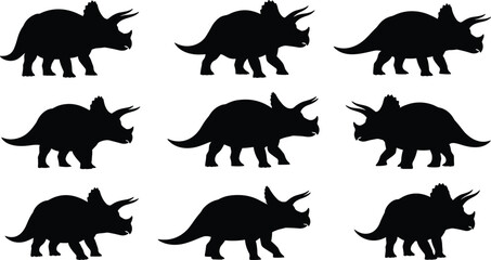 Triceratops dinosaur silhouettes collection featuring prehistoric horned reptile in multiple walking poses, isolated black vector illustration for paleontology and fantasy design © Jakir