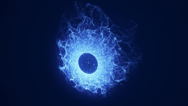 Glowing blue energy sphere dispersing particles in a digital abstract space