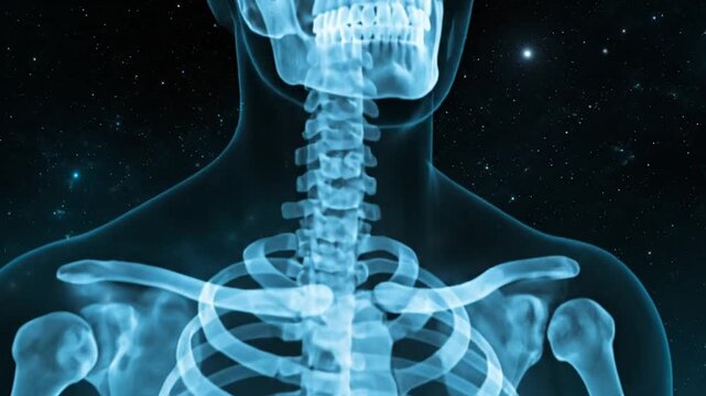 Human Skeleton X-Ray Animation Reveal with Light Blue Luminescence on Dark Starry Cosmic Background for Medical or