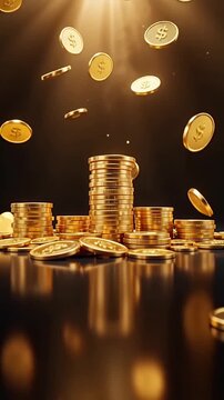 Wealth investment fund growth background floating gold coin money stack successful prosperous financial abundance profit gain shiny dark vision light
