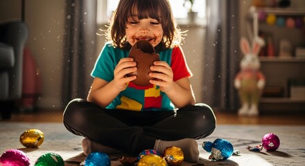 Joyful Child Enjoying Chocolate Easter Egg Hunt at Home, Indoor Lifestyle Scene, Warm Atmosphere, Close-Up Perspective