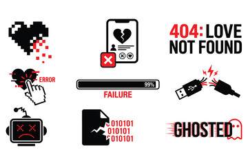 Digital Love Failure Icons Set Heartbreak and Technology Error Symbols