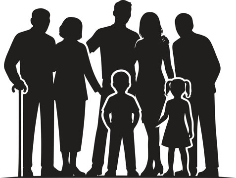 Extended Family Silhouette with Grandparents and Children, Multi Generation Family Vector Illustration