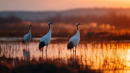 Fototapeta premium Three elegant cranes stand in shallow waters during a breathtaking sunset, creating a serene and picturesque natural scene.