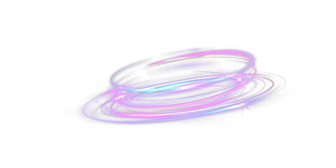 Naklejka premium Luminous neon light spiral with vibrant purple and blue energy trails forming dynamic glowing rings on dark background.
