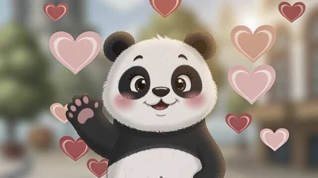 Panda waves paw as hearts float in bright city backdrop, cute cheerful warm animation with copy space for greetings by Generative AI