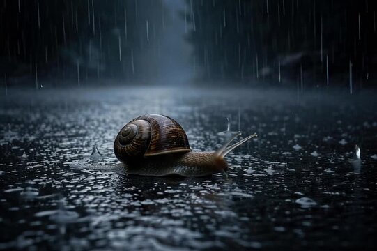 A snail slowly advancing along a wet street under heavy rain, a minimalist night scene symbolizing resilience, patience, and survival in a hostile urban environment.