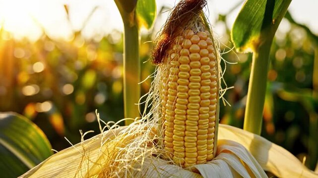 Ripe corn on the cob in a field