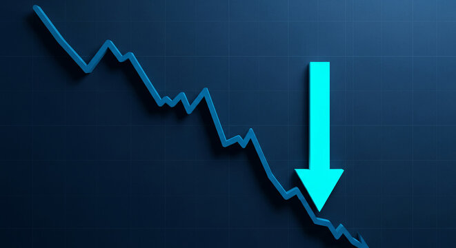 Image of a descending blue line graph with a prominent arrow pointing downwards, visually representing economic decline or a negative trend