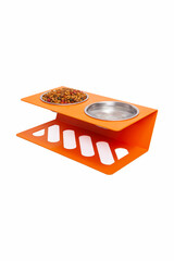Cat and dog water and food bowls on a white background.