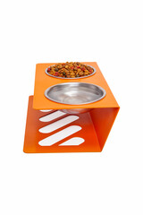 Cat and dog water and food bowls on a white background.