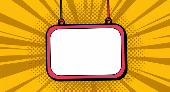Blank pop art sign on a vibrant yellow comic background with sunburst and hal...