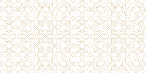 Star and cross seamless Ramadan pattern. Golden line white Islamic geometric linear pattern. Luxury art deco background.