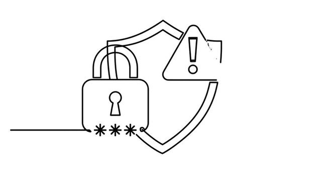 Digital security padlock with asterisks representing password entry and a protective shield icon