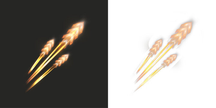 Bright golden arrow light trails flying diagonally upward with glowing motion blur, symbolizing speed, progress, growth, and powerful forward movement on dark or transparent backgrounds.