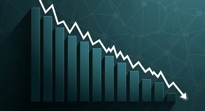 Graphical chart with decreasing bar heights and a falling white line over a dark turquoise background, representing financial loss or decline