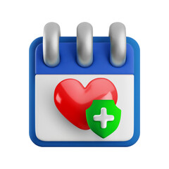 Vector cartoon 3d health protection and medical care planning icon. 3d render of calendar, heart, shield with plus sign. Medicine schedule, insurance reminder, healthcare planner symbol for web, app.