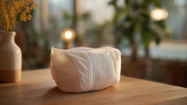 An informative brochure about adult diapers displayed next to a sample product, detailing key benefits like odor control and comfort, creating a clear understanding of why choosing the right adult