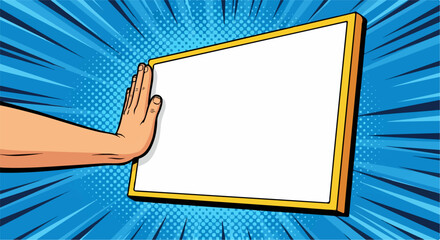 Pop art hand pushing blank board with copy space on vibrant blue comic backgr...