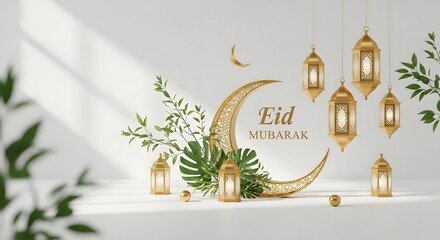 Elegant Eid Mubarak celebration with golden crescent moon, lanterns, and lush greenery, symbolizing Islamic festival joy.