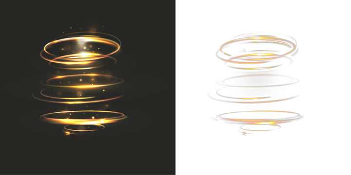 Abstract golden light rings stacked in a vertical glow, with shimmering particles and smooth circular trails, creating a futuristic energy column on dark and transparent backgrounds.