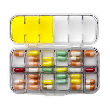 Open pill organizer box filled with colorful capsules and pills