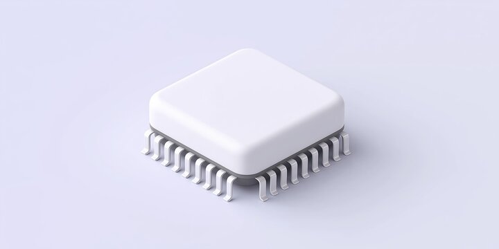 3D isometric model of a white microchip isolated on a clean white background.