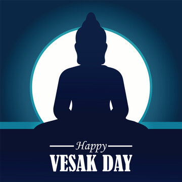 Happy Vesak Day greeting with Buddha silhouette and full moon background
