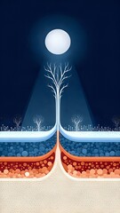 Surreal Night Landscape with Cross-Section Ground and Lone Tree