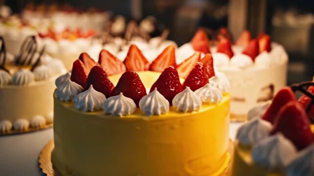 ショーケースに並ぶ華やかなホールケーキ（ケーキ屋, スイーツ, デコレーション）