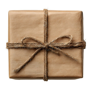 Simple brown paper package tied with rustic twine and a bow