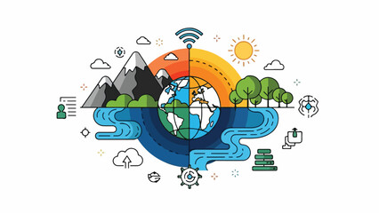 Fototapeta premium A colorful illustration showing the world with nature and technology elements
