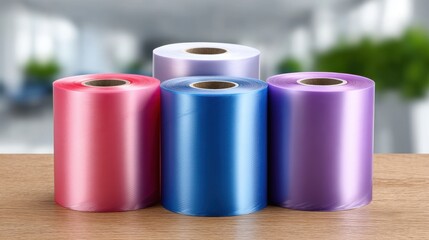 Colorful Rolls of Heat Transfer Film for Crafting and Printing Applications in a Bright Workspace