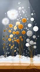 Whimsical Floating Bubble Trees with Cloud Background"