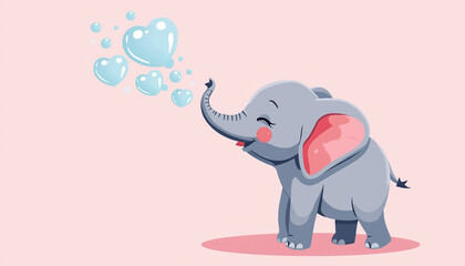 Naklejka premium Cute cartoon elephant blowing heart bubbles from trunk pink background sweet illustration