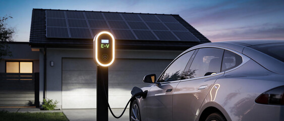Silver electric vehicle charging at illuminated home station with solar panels on modern house during dusk. Perfect for eco-friendly lifestyle, clean energy, and technology visuals